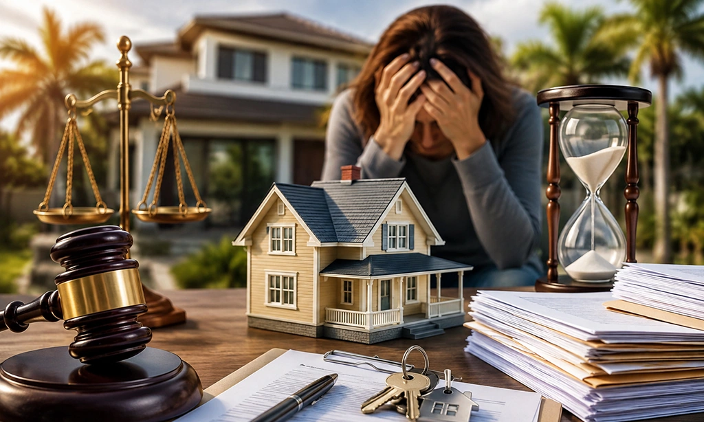 Florida homeowner sitting at a kitchen table reading foreclosure paperwork