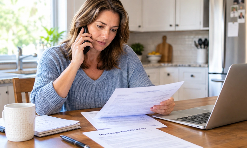 Florida homeowner on the phone with mortgage paperwork at a kitchen table