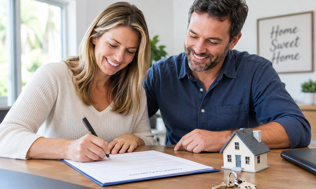 Florida couple signing paperwork at a closing table